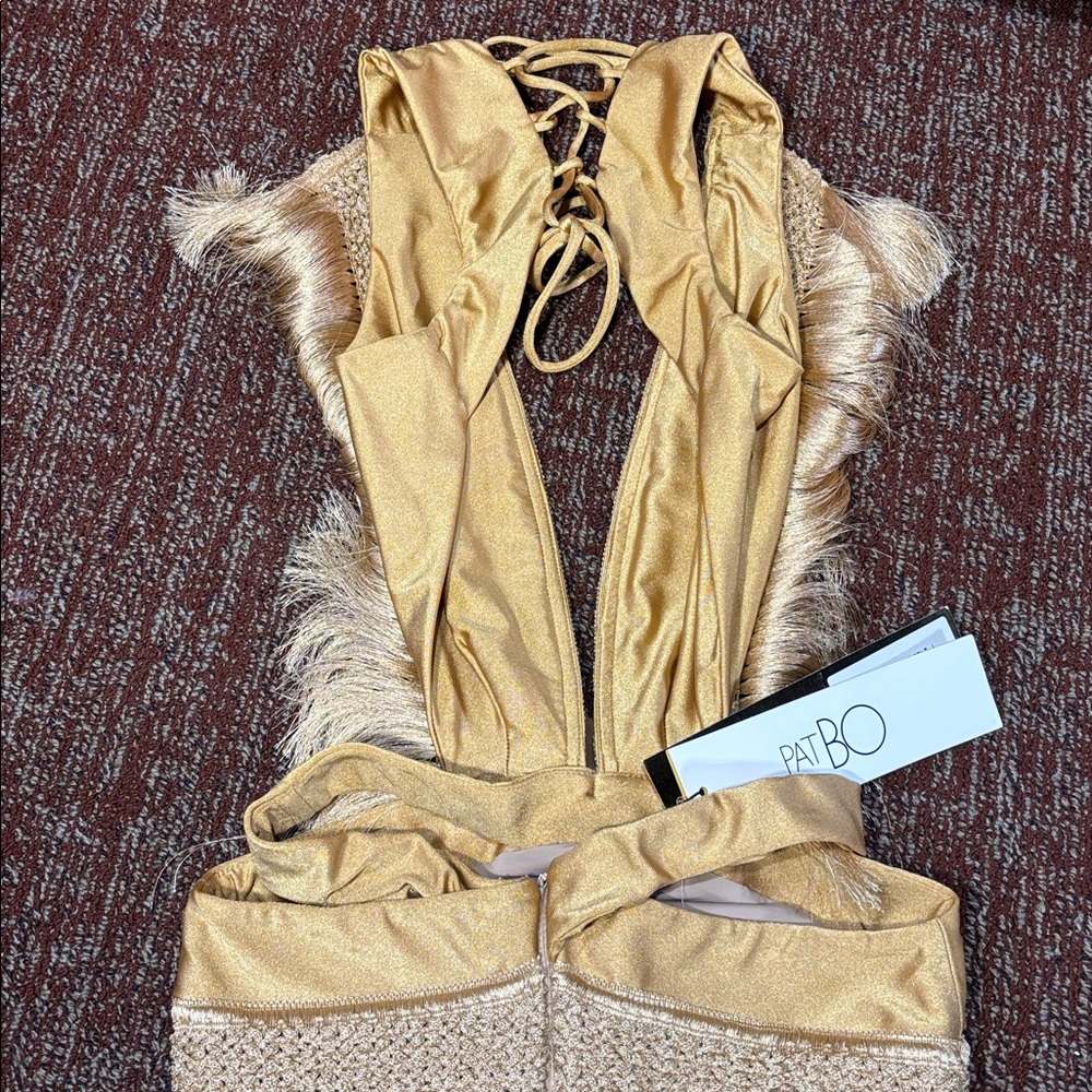 NWT PatBo Fringe plunging mini dress in Almond Womens 4 - Picture 8 of 12